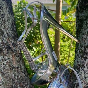 Silver Ankle Strap Rhinestones Stiletto Platform Heels, 7